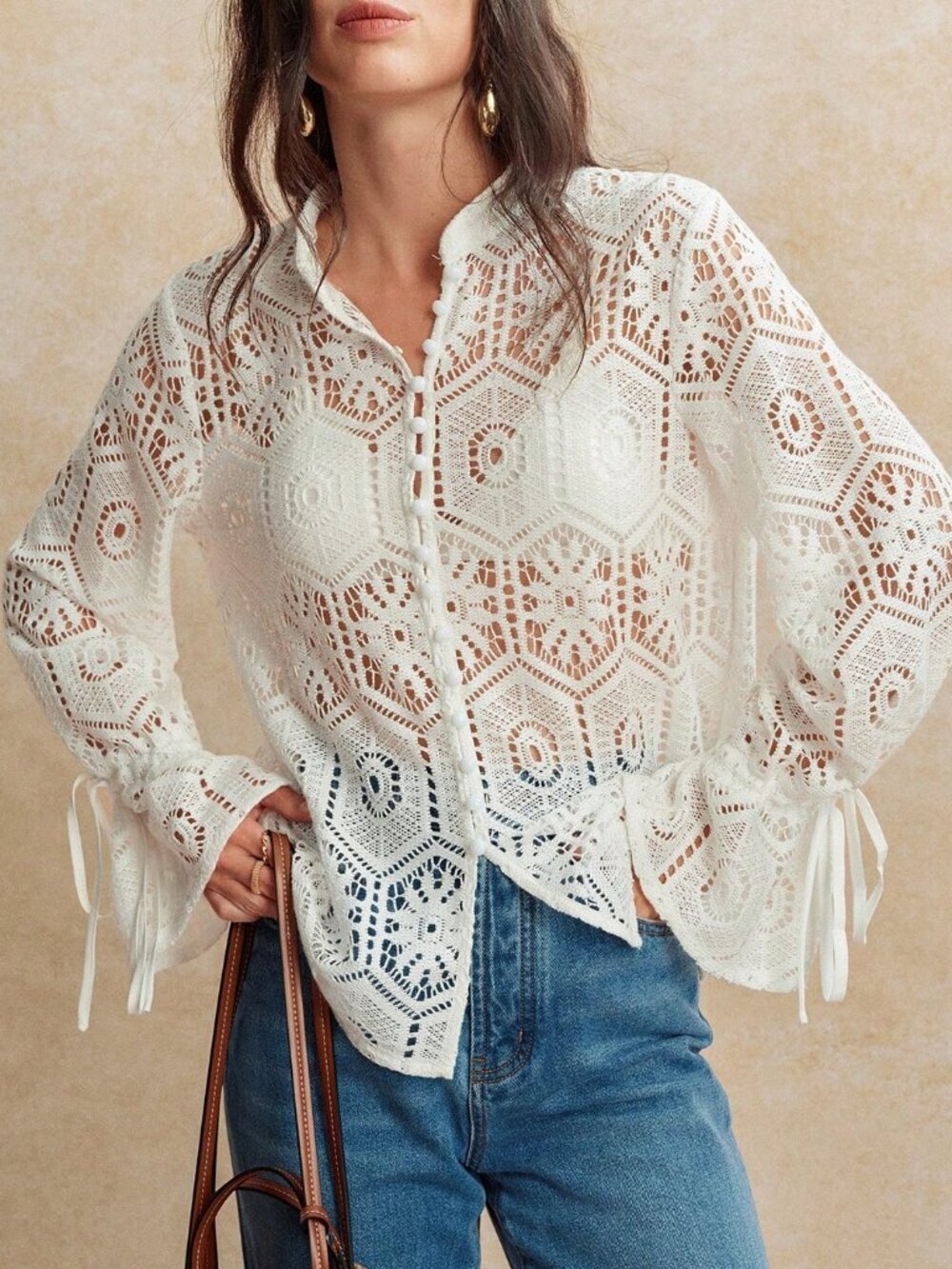 White Elegant Women's Hollow Lace Ruffle Trim Long Sleeve Blouse